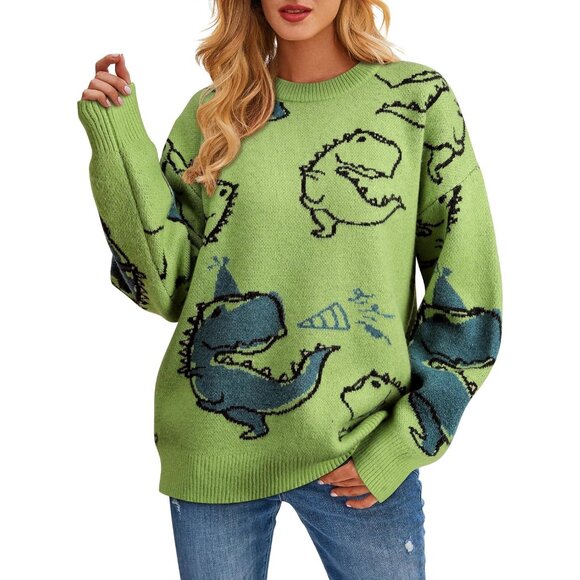 Women Dinosaur Graphic Pullover Sweater Oversized Casual Knit Size Large - Picture 7 of 7